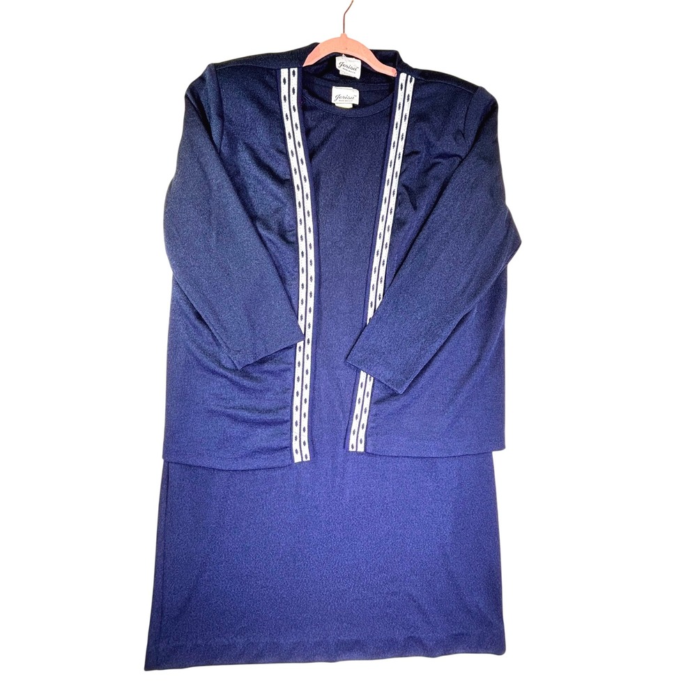Jerisa Vintage Navy Blue Knit Dress and Jacket Set Made in USA Size 18.5